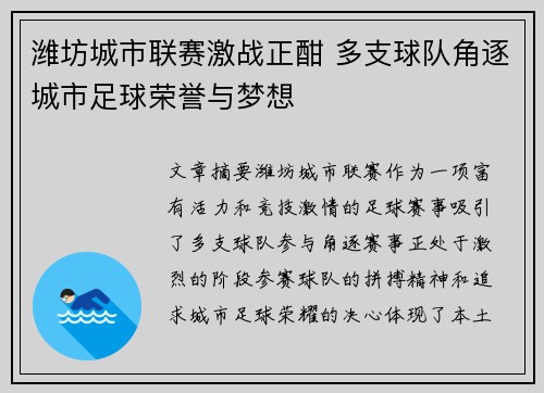 潍坊城市联赛激战正酣 多支球队角逐城市足球荣誉与梦想