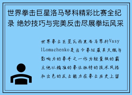 世界拳击巨星洛马琴科精彩比赛全纪录 绝妙技巧与完美反击尽展拳坛风采
