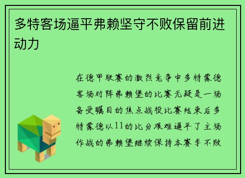 多特客场逼平弗赖坚守不败保留前进动力