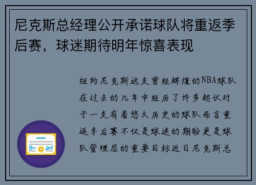 尼克斯总经理公开承诺球队将重返季后赛，球迷期待明年惊喜表现