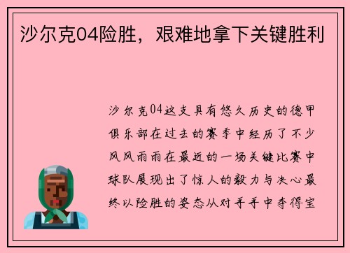 沙尔克04险胜，艰难地拿下关键胜利